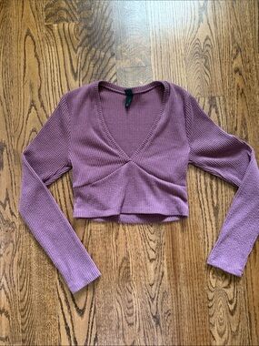 wild fable Mauve Ribbed Cropped V-Neck Long Sleeve Top
